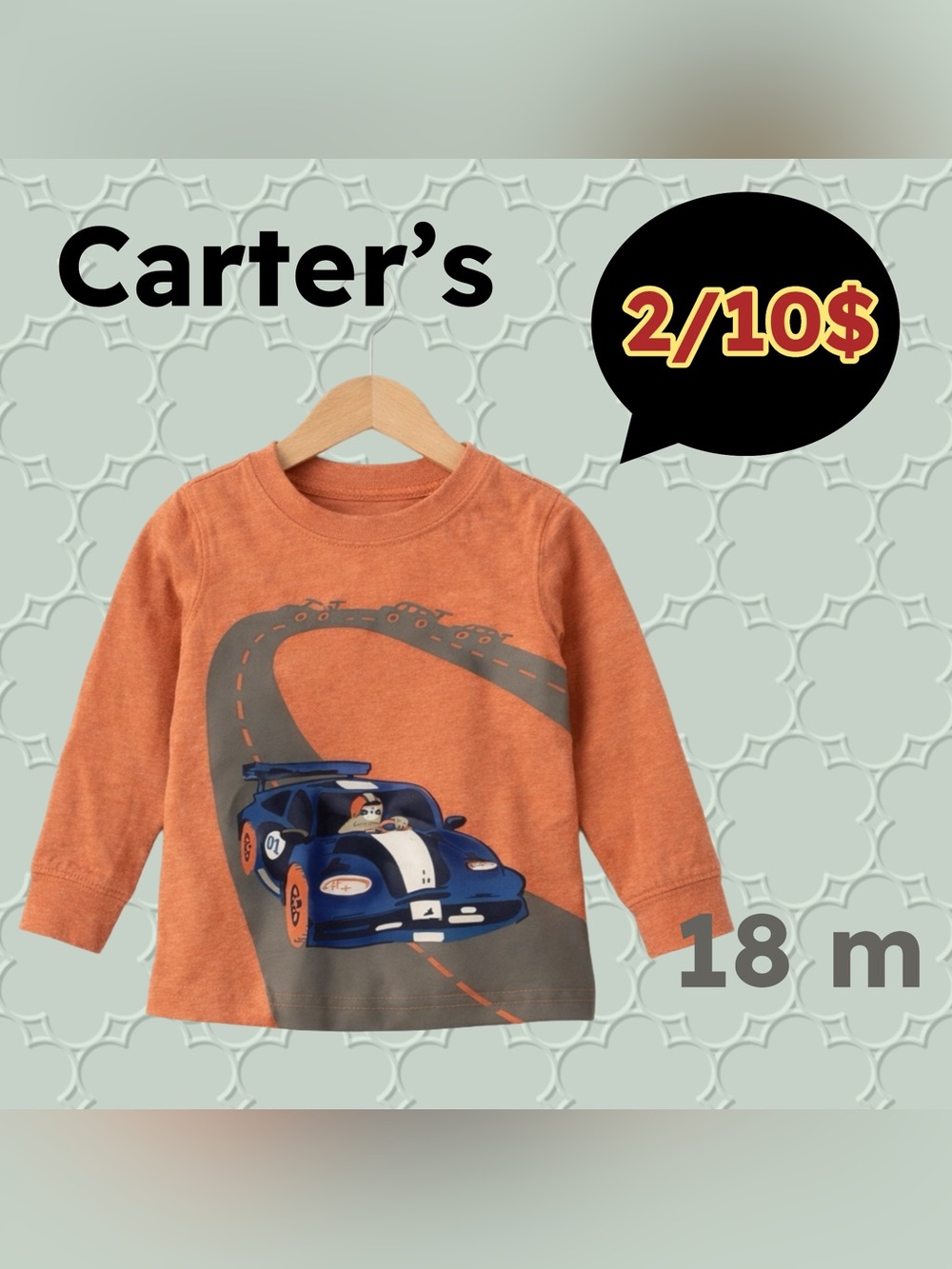 🌈2/10$🇺🇸👍GUC CARTER’S |18 m| Unisex Orange Long sleeves race car tee